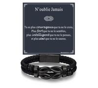 Bandmax Bracelet Cuir Homme Noir avec Nœud Concentrique 21cm pour Soi-même Bracelet Tressé avec Carte Cadeau en 4 Langues, Cadeau Anniversaire/Noël/la Cérémonie des Diplômes
