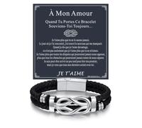 Bandmax Bracelet Homme Cuir Argent avec Nœud Concentrique 23cm à Mon Amour Bracelet Tressé avec Carte Cadeau en 4 Langues, Cadeau Anniversaire/la Saint-Valentin