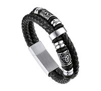 Bandmax Bracelet Homme Cuir et Acier Inoxydable 19cm, Manchette Double Couche avec Perles Viking Nordique, Bracelet Garcon