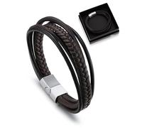 Bandmax Bracelet Homme Cuir Tressé Multi-Rang de 21cm, Bracelet Manchette Marron avec Fermoir Inoxydable