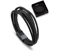 Bandmax Bracelet Homme Cuir Tressé Multi-Rang de 23cm, Bracelet Manchette Noir avec Fermoir Inoxydable