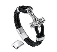 Bandmax Bracelet Homme Cuir Viking Marteau de Thor Inoxydable Bracelet Cuir Multi Tressé Noir 23cm