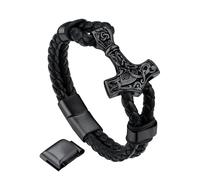 Bandmax Bracelet Homme Cuir Viking Mjölnir 23cm Bracelet en Cuir Tressée Marteau de Thor Noir