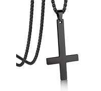 Bandmax Collier Homme Croix Inversée Noir en Acier, Pendentif Croix de Saint Pierre avec Chaîne Spiga de 3mm/55cm