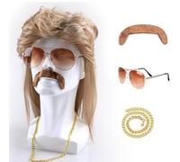 Bangbobi 80s/90s Mullet wig for Men with Sunglasses, Gold Chain and Beard - Carnival Halloween Party Costume Accessories Set