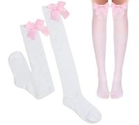 Bangbobi Bas au-Dessus du Genou en Satin Blanc pour Femme avec nœud - 2 Paires, Cuissardes, mi-Bas pour Femme - Parfait pour Les fêtes et Le Cosplay