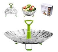 BangShou Panier Vapeur Inox, 9'' Cuit Vapeur Inoxydable pour Autocuiseur avec Manche Télescopique, Panier pour Cuire à la Vapeur, Fleur Marguerite Cuisson Vapeur, Pliable Vegetable Steamer Accessoire
