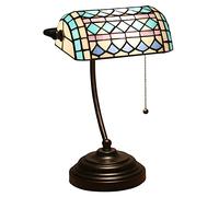 Banker Lamp, Purple Blue Lamp, Stained Glass Table Lamp,Office Study Reading Piano Accent Desk Library Light, Bedroom Bedside Lamp,Zinc Alloy Base,Pull Chain Switch,H