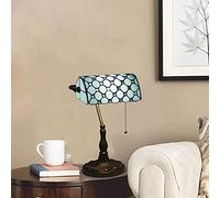 Banker Lamp, Purple Blue Lamp, Stained Glass Table Lamp,Office Study Reading Piano Accent Desk Library Light, Bedroom Bedside Lamp,Zinc Alloy Base,Pull Chain Switch,J