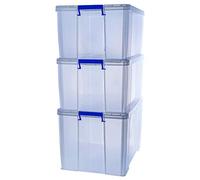 BANKERS BOX 3 boîtes de rangement en plastique ProStore, 2 x 70L, 1 x 85L Boîte de stockage en plastique avec couvercles empilable, transparent
