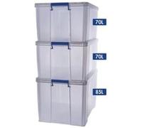 BANKERS BOX 7731301 Prostore Multipack Boîtes 2 x 70 litres + 1 x 85 litres en plastique avec couvercle, super résistant, sans Bpa, empilable, transparent