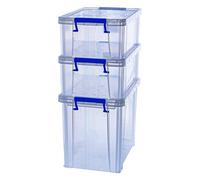 Bankers Box Boîte de rangement ProStore Bonus Pack : 2x10 L (14 x 34 x 21.5 cm) + 1x18.5 L (28 x 32 x 20 cm), avec couvercle et poignées, empilable, plastique transparent sans BPA, 7731501