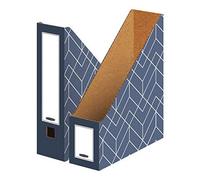 Bankers Box Porte-revues Déco, pour format A4, formes géométriques, étiquette sur les deux tranches, couleur bleu nuit, pack de 5, 10x22.8x29.9 cm, couleur bleu ardoise, 4484001
