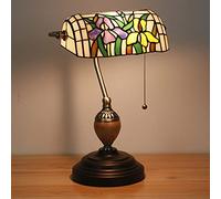 Bankers Table Lamp Green Stained Glass Shade Bedside Lamp Desk Lamp Reading Light for Living Room Bedroom,Antique Alloy Base,Orchid