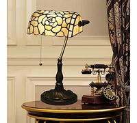 Bankers Table Lamp Green Stained Glass Shade Bedside Lamp Desk Lamp Reading Light for Living Room Bedroom,Antique Alloy Base,Light Rose