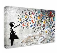 Banksy Art mural sur toile, motif fille avec papillons gris, entièrement prêt à accrocher, rue, graffiti, décoration murale moderne, 70 x 100 cm