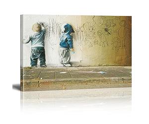 Banksy Graffiti Street Art Boys Draw On Wall Graffiti Impression sur Toile Tableau Pop Art Chambre Enfant Decoratifs Muraux Salon Moderne Decoration Murale (Avec cadre,30x40cm)