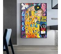 Banksy Graffiti Street Art Gustav Klimt Baiser et Singe Affiches et Impressions sur Toile Décor de Ferme Pop Art Mural Peintures Célèbres 75x50cm cadre intérieur