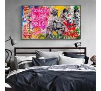 Banksy Impression artistique L'amour est tout ce dont nous avons besoin Peintures sur toile Graffiti Street Art Affiches Art mural pour salon Abstrait 85 x 170 cm/33 x 67 pouces - avec cadre noir
