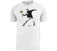 BANKSY Lanceur de fleurs T-shirt Graffiti Art Urban pour homme - Blanc - Large