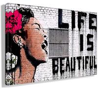 Banksy Life is Beautiful Graffiti Street Art Impression sur toile prête à l'emploi sur châssis Décoration murale XXL 60 x 80 cm