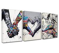 Banksy Lot de 3 peintures murales à la main avec graffiti, cœur et amour, baiser romantique pour le salon, cadeau de 3 pièces, art mural nordique, décoration d'intérieur encadrée, prête à accrocher