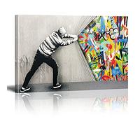 Banksy Street Art Graffiti Derrière Le Rideau Peintures sur Toile Imprime Tableau Pop Art Chambre Enfant Decoratifs Muraux Salon Moderne Decoration Murale XXL (Avec cadre, 40x60cm)