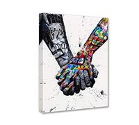 Banksy Street Art Graffiti tenant la main Photos de couple Peinture romantique pour salon Cadeau 1 toile Décoration murale nordique encadrée prête à accrocher Poster et impressions (30,5 x 40,6 cm)