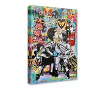 Banksy - Toile murale murale Love is The Answer - Peinture graffiti petit garçon et fille - Œuvre d'art moderne encadrée facile à accrocher - 40,6 x 61 cm