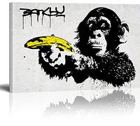 Banksy Toile Tableau Monkey with Banana Street Art Graffiti Toile Art Décor Impression sur Toile Tableau Décoration murale salon moderne Avec Cadre 30x40cm