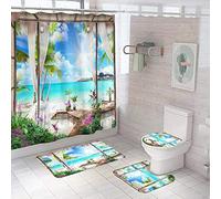 BANLV 4 pièces Ensemble Bord de mer Tapis de Salle de Bain Ensemble Rideau de Douche Tapis de Bain antidérapant Couvercle de Toilette Couvercle Couvercle Couverture de Toilette Toilette Salle de Bain