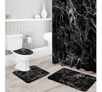 BANLV 4 pièces/Ensemble Rideau de Douche en marbre Noir imprimé Rideau de Salle de Bain imperméable Tapis de Couverture de Toilette Tapis antidérapant Ensemble de Baignoire décor
