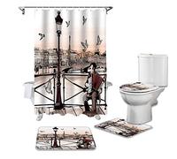 BANLV Ensemble de Rideau de Douche accordéoniste français Paris Pigeon Tapis antidérapant Couverture de Toilette et Rideau de Bain Tapis antidérapant