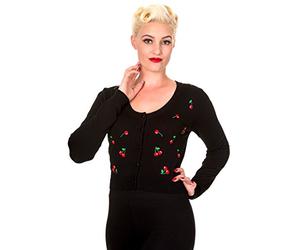 Banned Cerises Cardigan Gilet Tricot de Années 50 - Noir (M - FR 38)