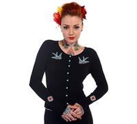 Banned Oiseau Hirondelle Bleu Cardigan Gilet Tricot de Années 50 - Noir (L - FR 42)