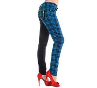 Banned Pantalon Slim à Carreaux Moitié Tartan Pantalon Split Femme Punk Emo Mode Alternative, Bleu, M