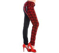 Banned Pantalon Slim à Carreaux Moitié Tartan Pantalon Split Femme Punk Emo Mode Alternative, Rouge, L