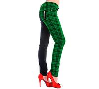Banned Pantalon Slim à Carreaux Moitié Tartan Pantalon Split Femme Punk Emo Mode Alternative, Vert, M