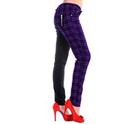 Banned Pantalon Slim à Carreaux Moitié Tartan Pantalon Split Femme Punk Emo Mode Alternative, Violet, M