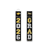 Banner avec Guirlande Chapeau de Diplôme Décorations de porche lavables for remise diplôme, 2 pièces, classe 2026(Black Gold)
