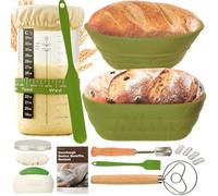 Banneton pour Pain,2 Corbeille a Pain set en Silicone Ovale et Rond,1000ml Bocal de Fermentation,Kit de Démarrage de Sourdough (vert)