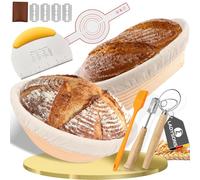 Banneton pour Pain, Corbeille a Pain, Ronde 25 cm et Corbeille Pain Ovale 23 cm, Paniere a Pain avec Grattoir à Pâte, Mélangeur à Pâte, Élingue en Silicone, Pinceau à Frire, Kit Boulanger 8 Pièces