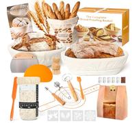 Banneton Pour Pain, Kit Boulangerie Levain 15 Pièces, Corbeille a Pain en Rotin Naturel (23 cm Rond + 25 cm Ovale), avec Corne, Toile en Lin et Accessoires pour la Fabrication du Pain