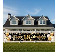 Bannière 18 Ans Noir et Or, Décoration Unisexe pour Fête d'Anniversaire, Adaptée aux balustrades ou aux murs, Accessoire Photo pour Célébration Adulte, 210 x 40 cm