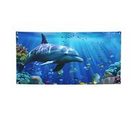 Bannière 3D à suspendre imprimée monde sous-marin poisson dauphi pour Halloween fête de Noël - 90 x 180 cm Photographie fond guirlande tapisserie murale pour toile de fond d'anniversaire, décoration