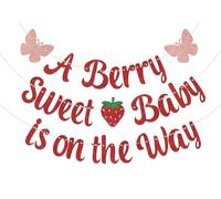 Bannière « A Berry Sweet Baby is on the Way » - Décorations de fête amusantes pour fête prénatale - Thème fraise - Pour premier anniversaire - Rouge pailleté