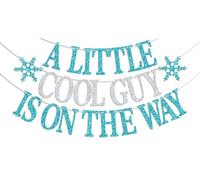 Bannière « A Little Cool Guy is on the Way », « Baby It's Cold Outside », décoration hivernale, flocon de neige, décorations de fête prénatale, bleu et argenté pailleté