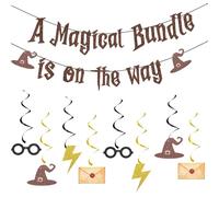 Bannière « A Magical Bundle is on the Way » avec tourbillons à suspendre, marron pailleté, magicien magique pour fête prénatale, révélation du sexe, décorations de fête d'anniversaire