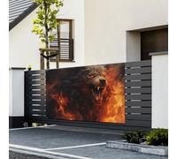 Bannière avec drapeaux « Happy Birthday » - Toile de fond à suspendre - Loup sauvage dans le feu - Bannière personnalisée - Grande bannière pour événement d'affaires, décoration de fête d'anniversaire