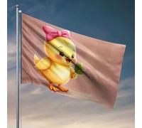 Bannière avec un joli poussin avec un nœud rose tenant une feuille verte. Drapeau, décoration de jardin, cadeau de camping heureux (152 x 244 cm)